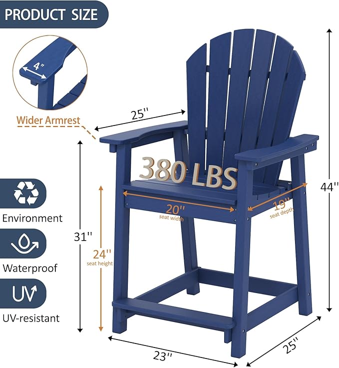 OTSUN Tall Adirondack Chairs Set of 4, HDPE Bar Height Outdoor Chairs, Adirondack Bar Stools for Patio Balcony & Porch - Photo 3