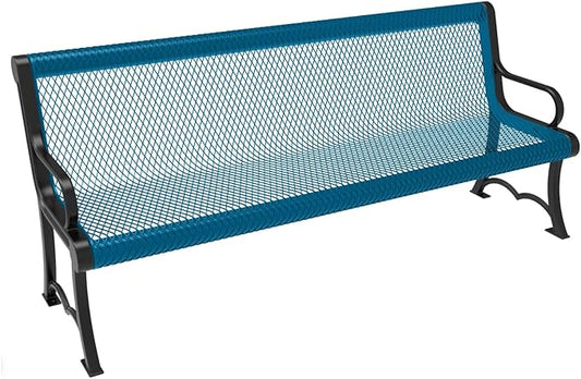 COATEDOUTDOORFURNITURE Coated Outdoor Furniture Heavy-Duty Outdoor Bench Thermoplastic Coated, Expanded Metal, Commercial-Grade Garden Bench, Made in America (Portable with Back, 6 Ft, Light Blue)