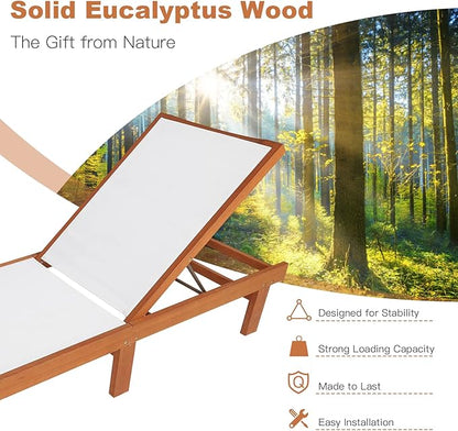 Tangkula Outdoor Wood Chaise Lounge Chair, Patio Chaise Lounger with 5 Position Adjustable Back, Eucalyptus Wood Reclining Lounge Chair with Breathable Fabric for Poolside Lawn Backyard (1, White)