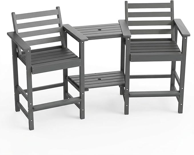 Kingdura Tall Adirondack Chairs Set of 2, Weather Resistant HDPE Bar Height Outdoor Stools with Removable Double Connecting Trays, Wooden Grain for Patio, Balcony, Deck (Grey)