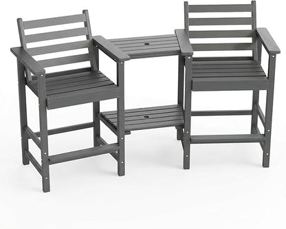 Kingdura Tall Adirondack Chairs Set of 2, Weather Resistant HDPE Bar Height Outdoor Stools with Removable Double Connecting Trays, Wooden Grain for Patio, Balcony, Deck (Grey)