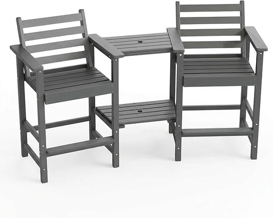 Kingdura Tall Adirondack Chairs Set of 2, Weather Resistant HDPE Bar Height Outdoor Stools with Removable Double Connecting Trays, Wooden Grain for Patio, Balcony, Deck (Grey)