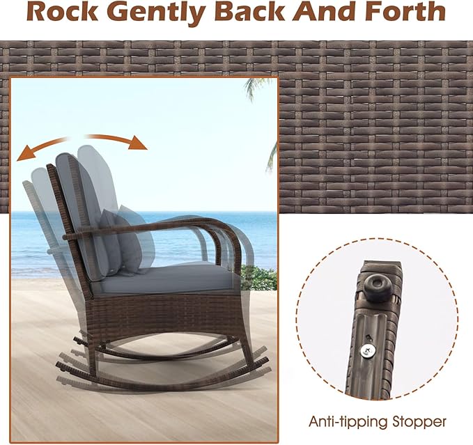 ORALNER 3 Pieces Patio Furniture Set, Outdoor Wicker Rocking Chairs with Cushions, Pillows, Glass Coffee Table, Rattan Bistro Rocker Set for Balcony Front Porch Poolside Garden Deck Yard (Grey)