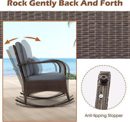ORALNER 3 Pieces Patio Furniture Set, Outdoor Wicker Rocking Chairs with Cushions, Pillows, Glass Coffee Table, Rattan Bistro Rocker Set for Balcony Front Porch Poolside Garden Deck Yard (Grey)