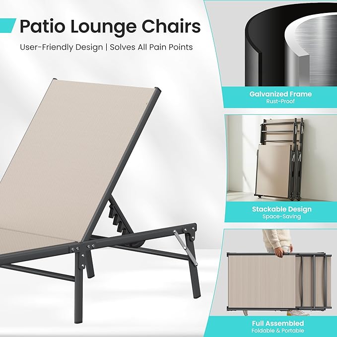 Amopatio Folding Lounge Chairs Chaise Lounge for Outside Portable Pool Lounge Chairs Set of 2 with Side Table for Patio Poolside Deck Yard, Weather Resistant, 5-Position Adjustable Backrest