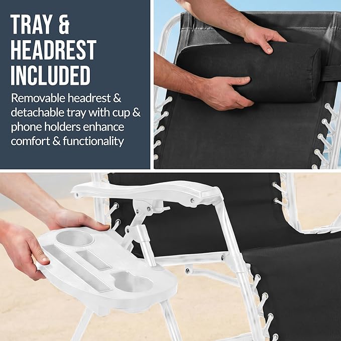 Best Choice Products Set of 2 Extra Wide Adjustable Steel Mesh Zero Gravity Lounge Chair Recliners w/Pillows and Cup Holder Trays - Black/White