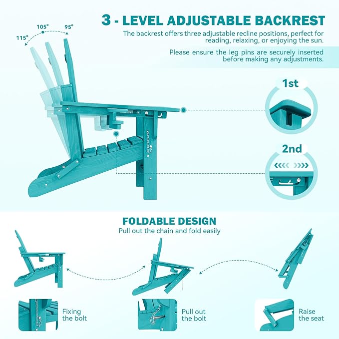 Mdeam 3-Level Adjustable Adirondack Chair with Retractable Ottoman, HDPE All-Weather Folding Fire Pit Chair with 2 Cup Holders, Outdoor Chair for Deck Patio Garden Backyard Lawn (Aruba Blue)