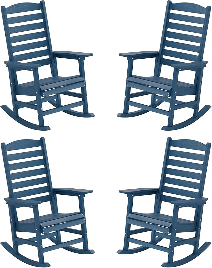 YEFU Outdoor Rocking Chair Set of 4,Poly Porch Rocker with Curved Backrest,All Weather Patio Rocking Chair,Like Real Wood,for Indoor,Lawn, Backyard,Garden,Heavy Duty,Weight Capacity 380lbs(Navy Blue)