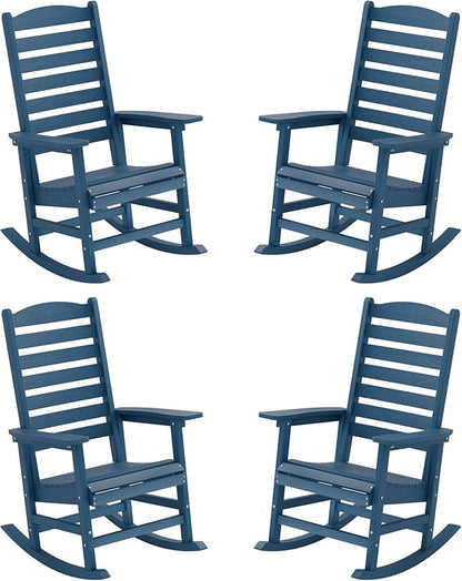 YEFU Outdoor Rocking Chair Set of 4,Poly Porch Rocker with Curved Backrest,All Weather Patio Rocking Chair,Like Real Wood,for Indoor,Lawn, Backyard,Garden,Heavy Duty,Weight Capacity 380lbs(Navy Blue)