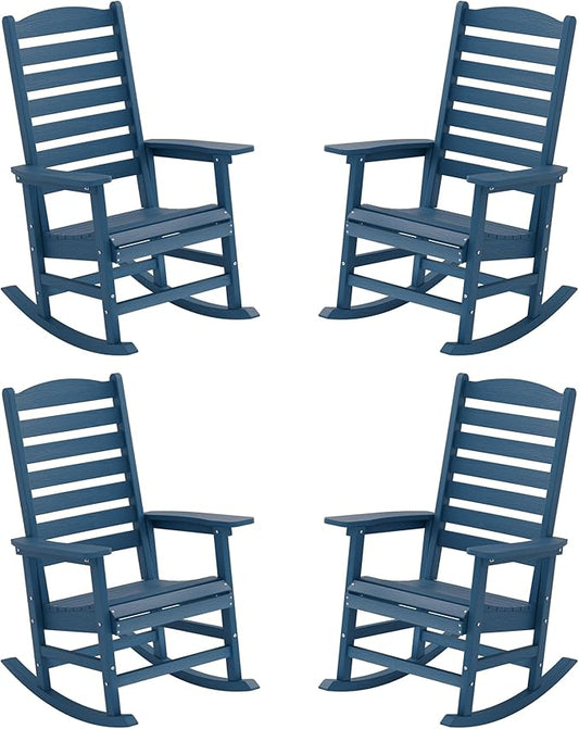 YEFU Outdoor Rocking Chair Set of 4,Poly Porch Rocker with Curved Backrest,All Weather Patio Rocking Chair,Like Real Wood,for Indoor,Lawn, Backyard,Garden,Heavy Duty,Weight Capacity 380lbs(Navy Blue)