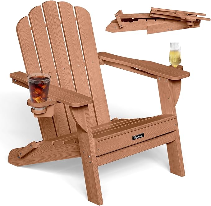 Folding Adirondack Chair, HDPE Adirondack Chair with 2 Cup Holders, Outdoor Fire Pit Chairs for Patio, Garden, Poolside - Photo 1