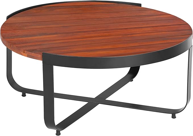 Christopher Knight Home Dolly Outdoor Round Coffee Table, Slat Panel Coffee Table, Acacia Wood and Metal Frame, Cross Metal Leg Support, Wooden Side Desk for Backyard Balcony Garden, Mahogany