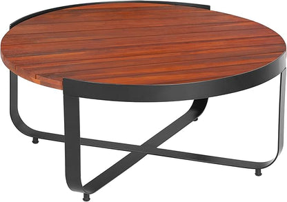 Christopher Knight Home Dolly Outdoor Round Coffee Table, Slat Panel Coffee Table, Acacia Wood and Metal Frame, Cross Metal Leg Support, Wooden Side Desk for Backyard Balcony Garden, Mahogany