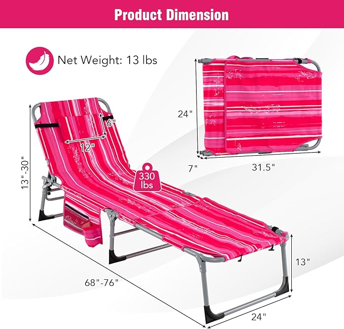 Giantex Set of 2 Tanning Chair, 5-Position Adjustable Beach Chair with Face & Arm Hole, Hand/Shoulder Strap, Removable Pillow, Side Pocket, Load 330 Lbs, Sunbathing Chairs, Lounge Chairs Outdoor