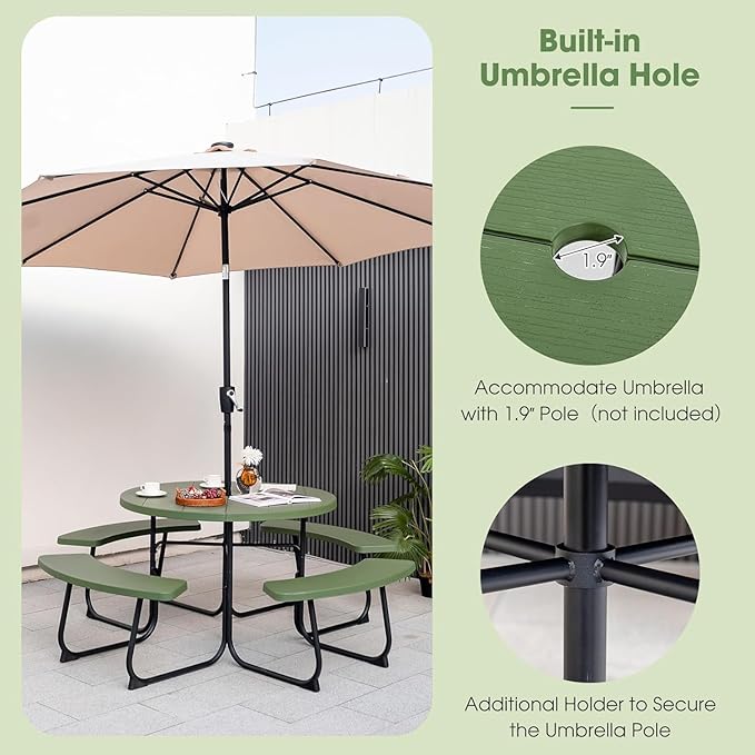 Round Picnic Table for Outdoors, 8 Person Outdoor Picnic Tables & Benches Set with Umbrella Hole - Photo 6