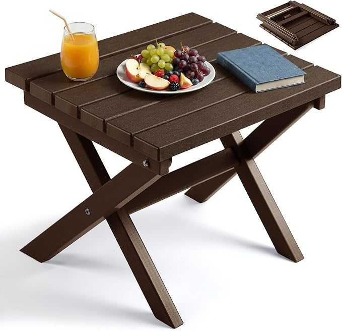 PASAMIC Folding Outdoor Side Table, Small Outdoor Table, Portable, No Assembly, Weather-Resistant HDPE End Table for Camping, RV, Poolside, Garden (Brown)