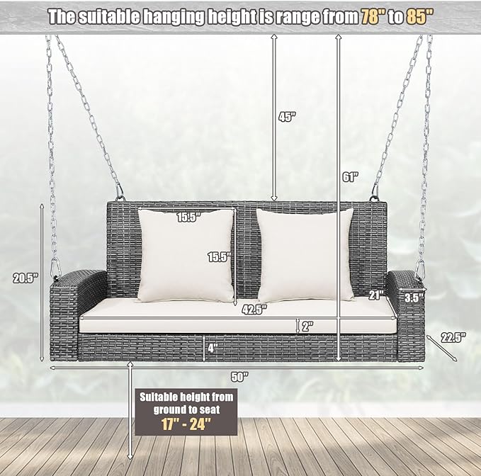 RELAX4LIFE 2-Person Porch Swing Bench - PE Rattan Outdoor Swing Chair with Comfortable Seat & Back Cushions - Photo 8