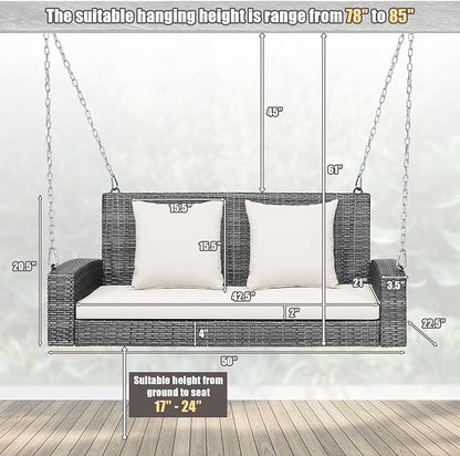 RELAX4LIFE 2-Person Porch Swing Bench - PE Rattan Outdoor Swing Chair with Comfortable Seat & Back Cushions, Rustproof Metal Chains, Patio Loveseat Swing for Balcony, Garden, Yard, 800 LBS (Off White)
