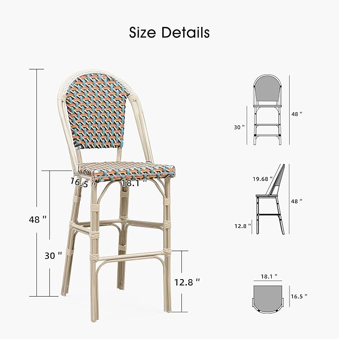 PURPLE LEAF French Bar Stool Set of 2 White Print Finish Patio Bar Stools with Back Rattan Chairs Wicker Bar Height - Photo 6