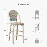 PURPLE LEAF French Bar Stool Set of 2 White Print Finish Patio Bar Stools with Back Rattan Chairs Wicker Bar Height - Photo 6