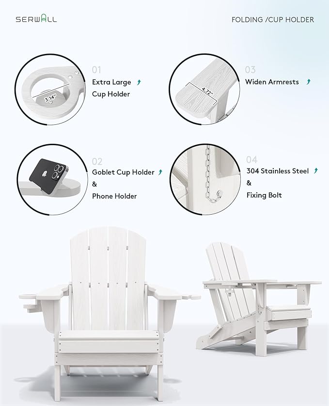 SERWALL Adirondack Chair with Cup Holders - Composite Adirondack Chairs HDPE Outdoor Chairs All Weather Use- White - Photo 8
