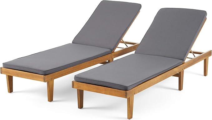 Christopher Knight Home Madge Oudoor Chaise Lounge with Cushion (Set of 2), Teak Finish, Dark Gray - Photo 1