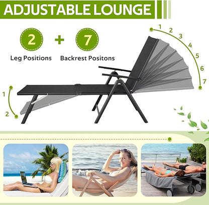 Esright Outdoor Chaise Lounge Set of 2, Adjustable Reclining Folding Pool Lounger for Poolside, Outside/330lb Weight Capacity, Black