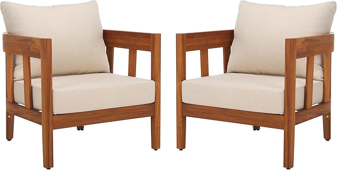 SAFAVIEH Outdoor Collection Owen Natural Brown/Taupe Cushion Solid Wood Chair Set of 2 - Photo 1