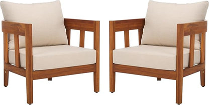 SAFAVIEH Outdoor Collection Owen Natural Brown/Taupe Cushion Solid Wood Chair Set of 2