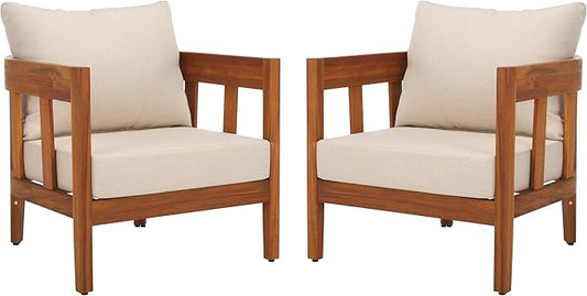 SAFAVIEH Outdoor Collection Owen Natural Brown/Taupe Cushion Solid Wood Chair Set of 2