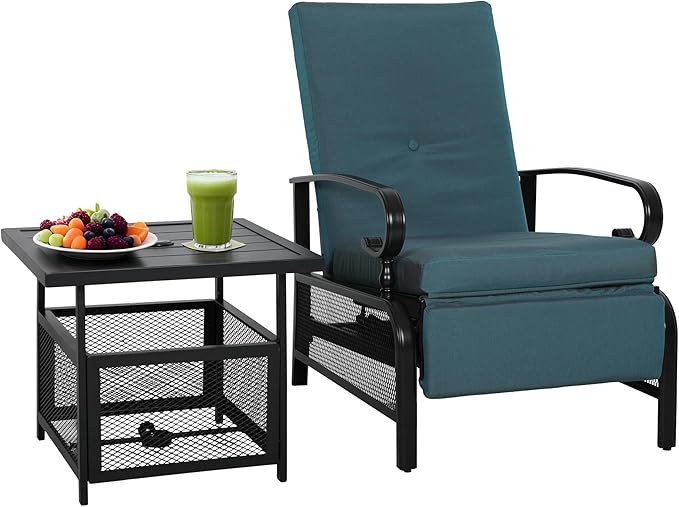 Incbruce 2 Pieces Outdoor Lounge Recliner Set, Adjustable Metal Recliner Sofa Chair and Umbrella Stand Side Square Table Suitable for Garden, Pool, Yard (Peacock Blue)