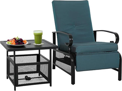 Incbruce 2 Pieces Outdoor Lounge Recliner Set, Adjustable Metal Recliner Sofa Chair and Umbrella Stand Side Square Table Suitable for Garden, Pool, Yard (Peacock Blue)