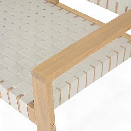 Merax Patio Furniture Acacia Wood Bench, Woven Rope Outdoor Loveseat Sofa, 2-Person Deep Seating Porch Bench for Garden, Backyard Park Balcony, Light Teak Finish & White