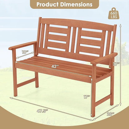 Tangkula Patio Wood Bench, Garden Armrest Loveseat with Inclined Backrest, Wood Grain, Teak Oil Finish, Outdoor 2-Person Bench for Front Porch, Garden, Backyard, Balcony