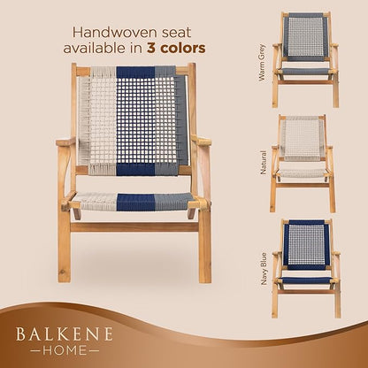 Balkene Home 62773 Vega Natural Stain Outdoor Chair Acacia Wood Construction Hand Woven Seat Mid Century Design Comfortable Reclining Armchair Patio Lawn Garden Backyard Deck - Ecru Cording