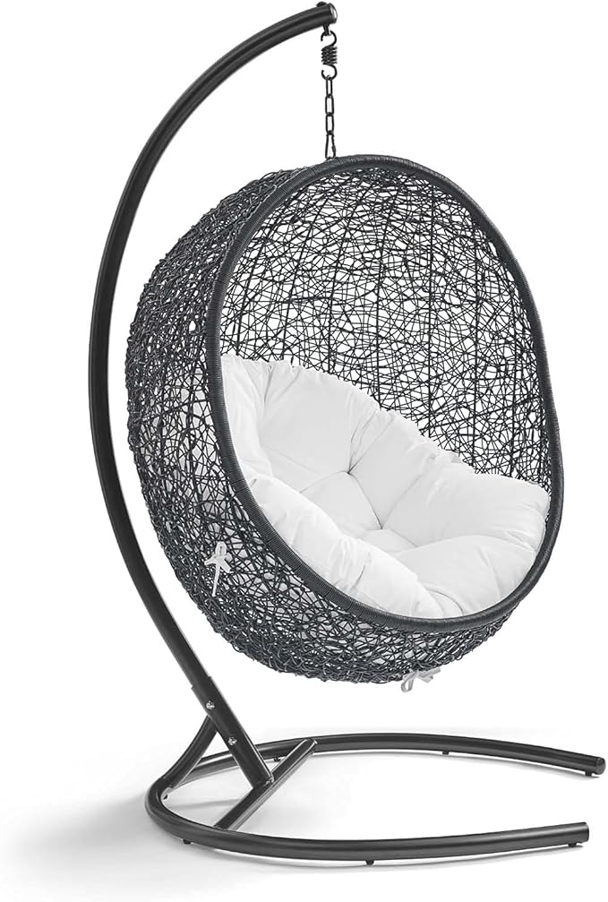 Modway Encase Wicker Rattan Outdoor Patio Porch Lounge Egg Swing Chair with Stand in White - Photo 2