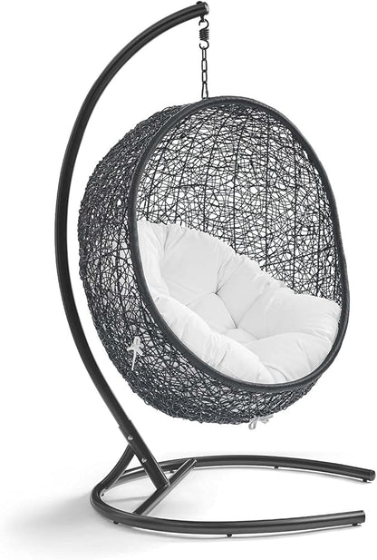 Modway Encase Wicker Rattan Outdoor Patio Porch Lounge Egg Swing Chair with Stand in White