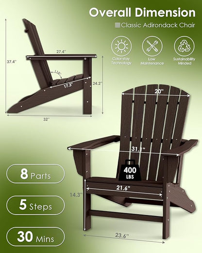 GREENVINES Adirondack Chairs Set of 4 | Wood Grain HDPE Plastic | Oversized Fire Pit Chair | All Weather | Dark Brown | Poly Lumber | for Outdoor Deck Backyard Patio Garden