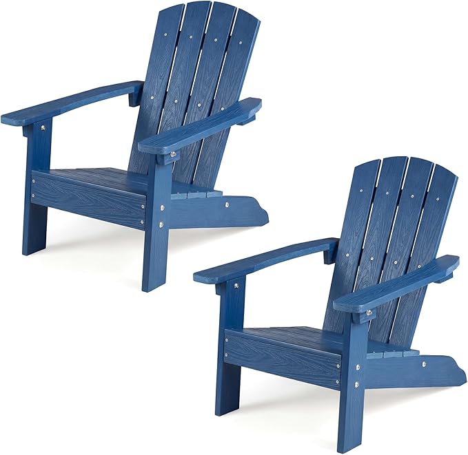 KOTEK Kids Adirondack Chair Set of 2, Plastic Toddler Lawn Chair with Ergonomic Seat, Wood-Grain Texture, Easy to Assemble, All-Weather Outdoor Kids Chairs for Patio, Garden, Backyard (Navy Blue)