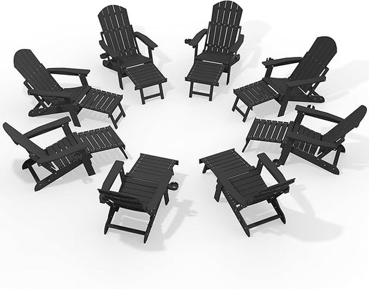 YEFU Adjustable Adirondack Chair with Retractable Ottoman Set of 8,Folding Adirondack Chair with Cup-Holder, Outdoor Chairs with Footrest,Weather Resistant Fire Pit Chairs,for Patio Lawn