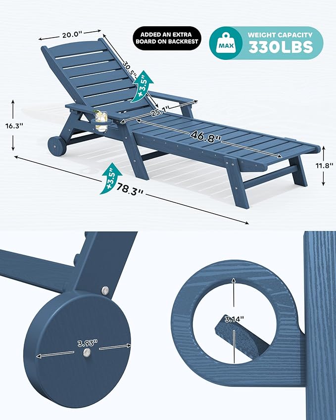 SERWALL Patio Chaise Lounge Chair Set of 2 with 9FT Patio Umbrella, 78'' HDPE Outdoor Lounger - Photo 6