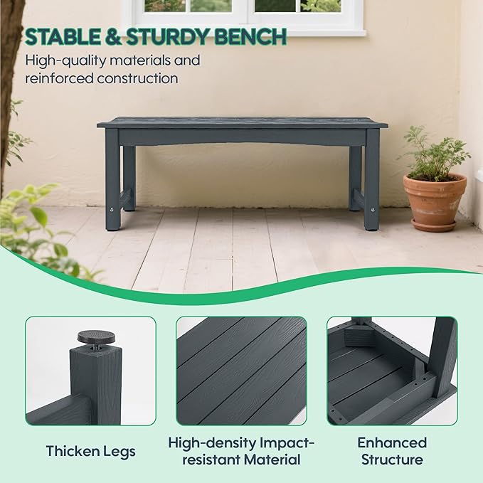 Weatherproof HIPS Outdoor Bench, 2-Person Patio Dining Bench, All-Weather Poly Lumber Garden Bench, Never Rot or Fade, Park Bench with Wood Grains for Porch, Deck, Entryway, Grey, 2 Pack