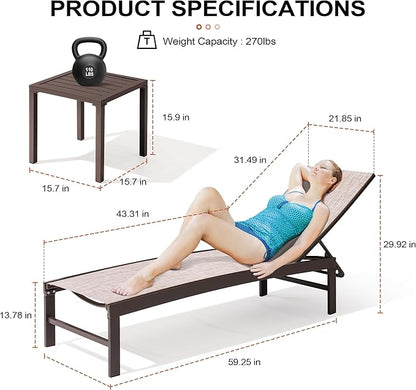 Crestlive Products 2PCS Chaise Lounge Chairs Outdoor with 1PC Side Table, Patio Lounge Set, Adjustable Five-Position Recliner for Beach, Pool, Sunbathing, Lawn, Yard