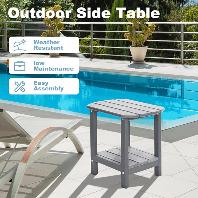 Adirondack Outdoor Side Table, 16.5” HDPE Small Patio Table with Storage Shelf, Weather Resistant End Table for Porch, Pool & Yard (Grey)