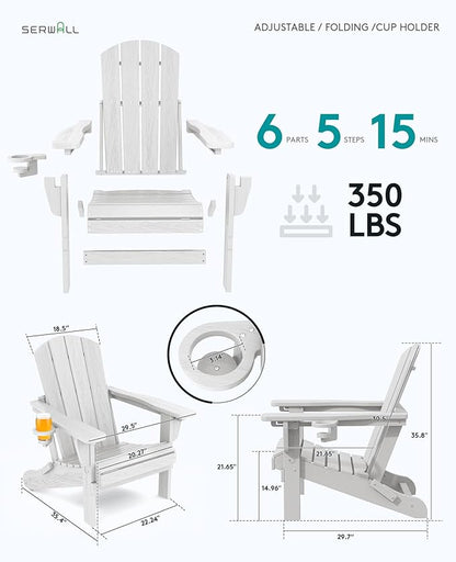 SERWALL Folding Adirondack Chair Set of 4, Reclining Adirondack Chair with 3 Recline Positions, All Weather HDPE Outdoor Adirondack, White