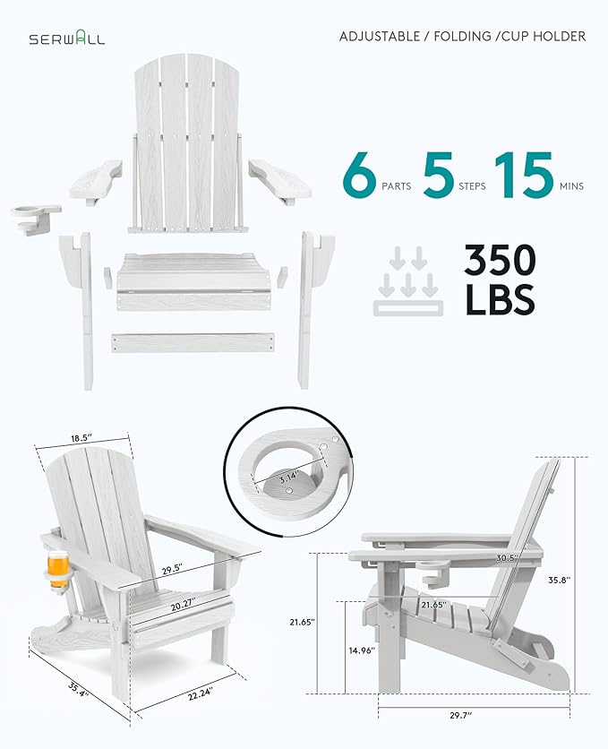 SERWALL Folding Adirondack Chair Set of 8, Reclining Adirondack Chair with 3 Recline Positions, All Weather HDPE Outdoor Adirondack, White
