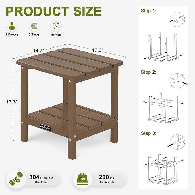 Outdoor Side Table HDPE Small Outdoor End Table Patio Side Tables Square for Backyard Pool Porch Balcony Double Layer Storage, Brown (Wood Grain Finish)