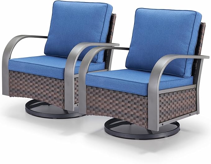 Outdoor Swivel Rocker Patio Chairs Set of 2, Heavy Duty Swivel Rocking Patio Chairs with Wide Metal Armrests, 2 Pieces Patio Furniture Wicker Glider Chairs Set with Removble Cushions for Porch Sunroom