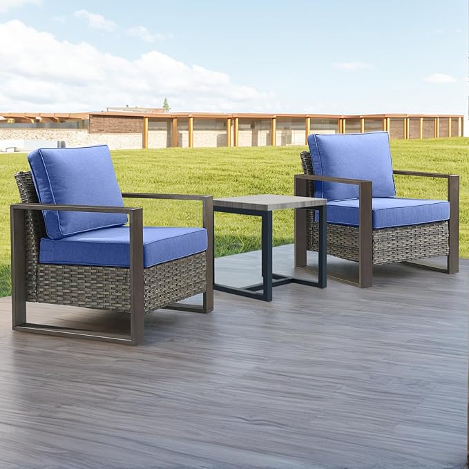 3 Piece Wicker Patio Furniture Set,Patio Bistro Set with 2 Rattan Armrest Chairs and 1 Side Table,Sturdy Frame,All-Weather PE Wicker,Wide Armrest,Deep Seating and Thick Cushions(Mixed Grey/Blue)