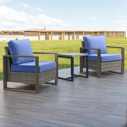 3 Piece Wicker Patio Furniture Set,Patio Bistro Set with 2 Rattan Armrest Chairs and 1 Side Table,Sturdy Frame,All-Weather PE Wicker,Wide Armrest,Deep Seating and Thick Cushions(Mixed Grey/Blue)